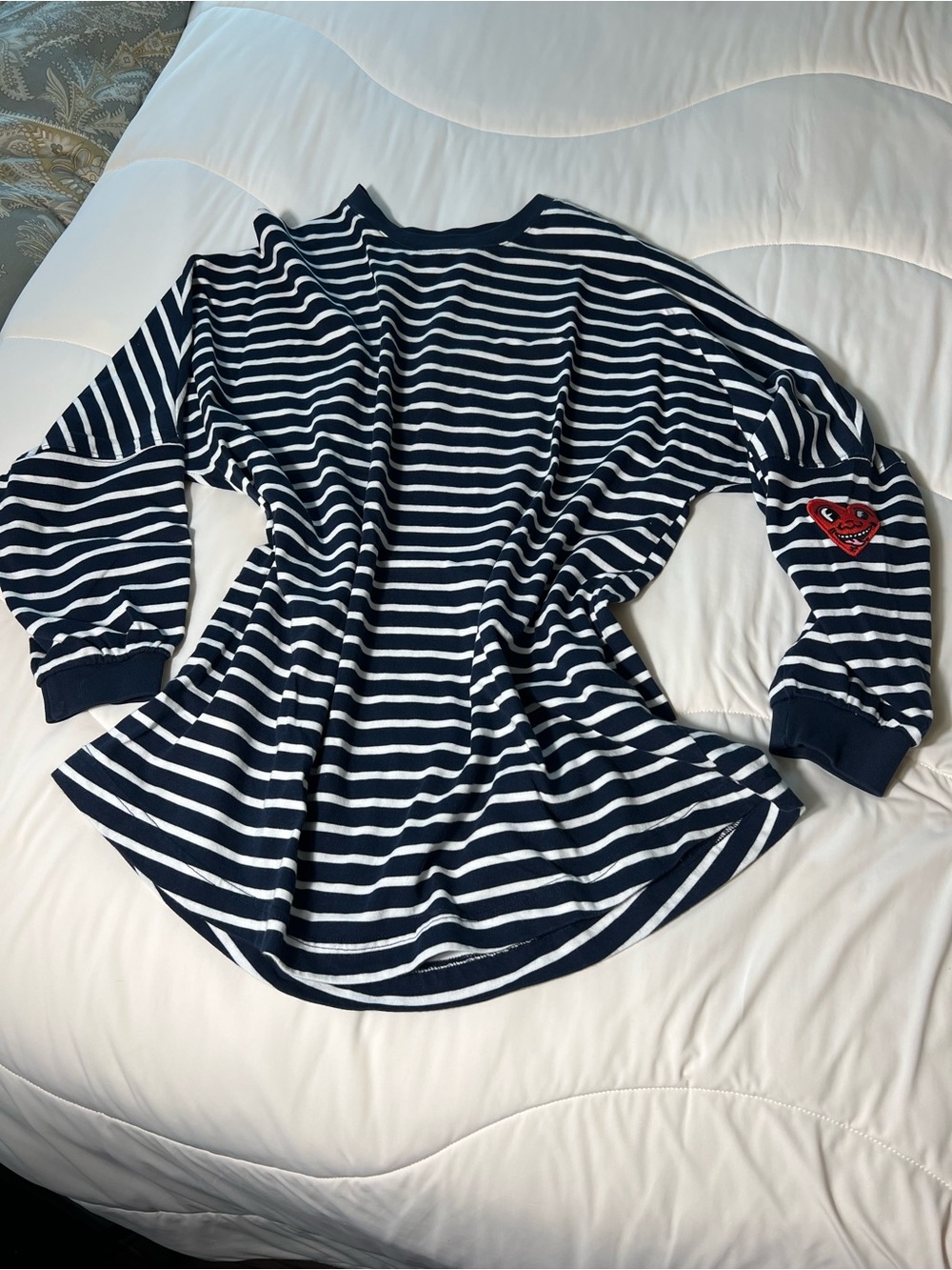 Navy + White Striped Long Sleeve Sweatshirt / Tee with Kieth Haring Heart Patch